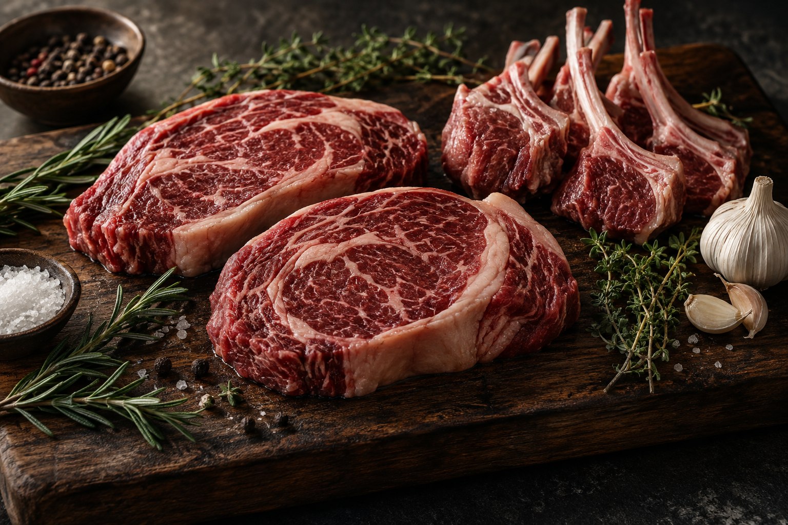 Illustrative fresh beef steaks and lamb chops, arranged on a dark butcher’s board with herbs.